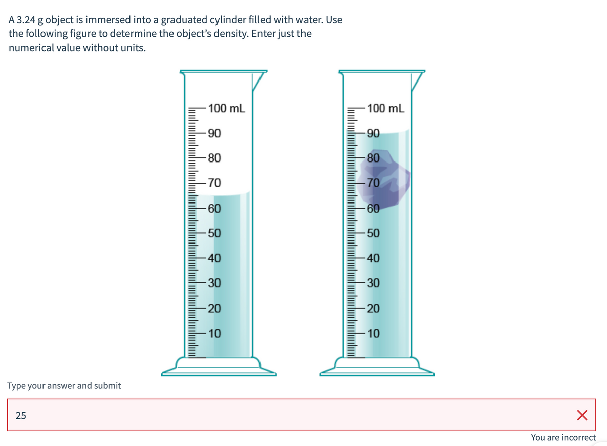 A 3.24 g object is immersed into a graduated cylinder filled with water. Use
the following figure to determine the object's density. Enter just the
numerical value without units.
- 100 mL
-100 mL
06-
06-
-80
80
- 70
70
-60
60
-50
50
40
-40
30
-30
20
20
- 10
- 10
Type your answer and submit
25
You are incorrect
8 8 2 8 : ? 8 8 ?
