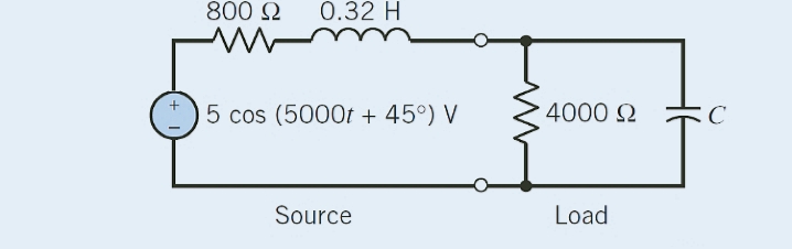 800 Ω
0.32 H
5 cos (5000t + 45°) V
Source
4000 Ω
Load
C