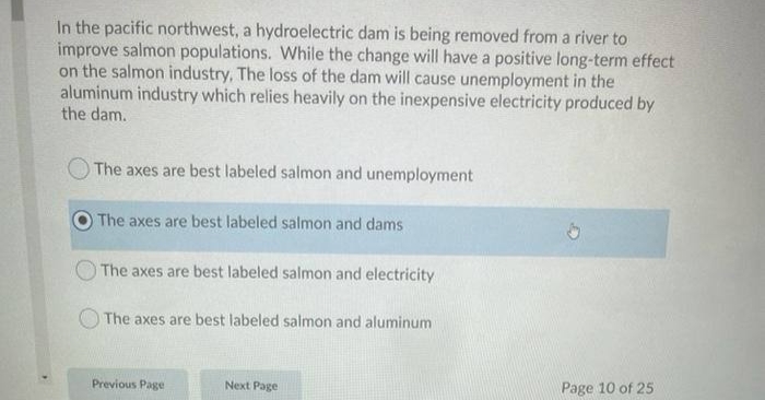 In the pacific northwest, a hydroelectric dam is being removed from a river to
improve salmon populations. While the change will have a positive long-term effect
on the salmon industry, The loss of the dam will cause unemployment in the
aluminum industry which relies heavily on the inexpensive electricity produced by
the dam.
OThe axes are best labeled salmon and unemployment
The axes are best labeled salmon and dams
The axes are best labeled salmon and electricity
The axes are best labeled salmon and aluminum
Previous Page
Next Page
Page 10 of 25
