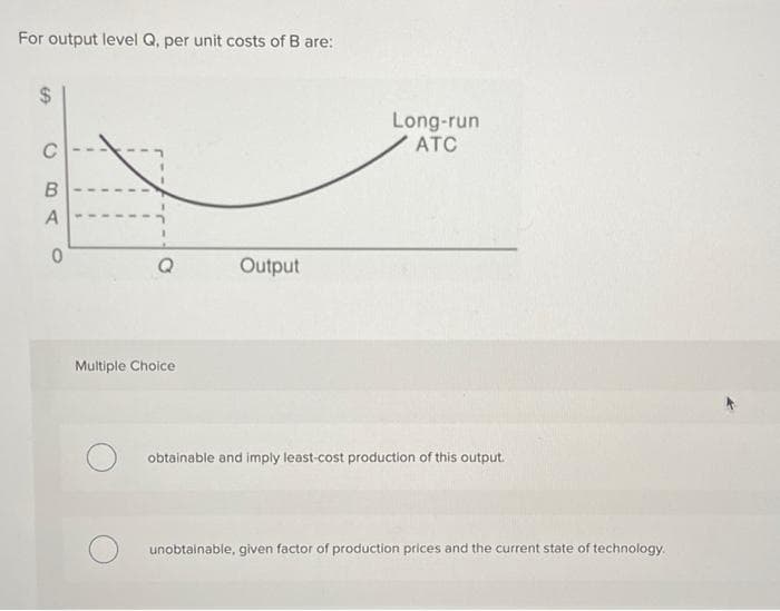 For output level Q, per unit costs of B are:
%24
Long-run
ATC
C
A
Output
Multiple Choice
obtainable and imply least-cost production of this output.
unobtainable, given factor of production prices and the current state of technology.
