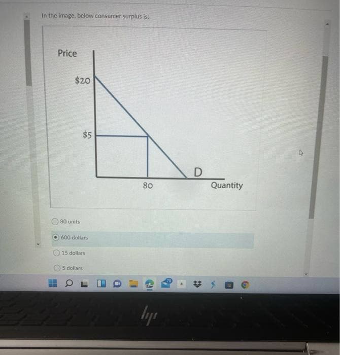 In the image, below consumer surplus is:
Price
$20
$5
80
Quantity
80 units
600 dollars
15 dollars
5 dollars
byp
