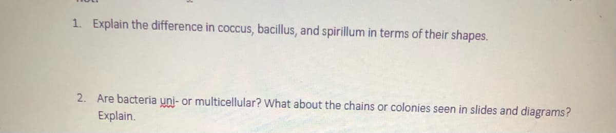1. Explain the difference in coccus, bacillus, and spirillum in terms of their shapes.
2. Are bacteria uni- or multicellular? What about the chains or colonies seen in slides and diagrams?
Explain.
