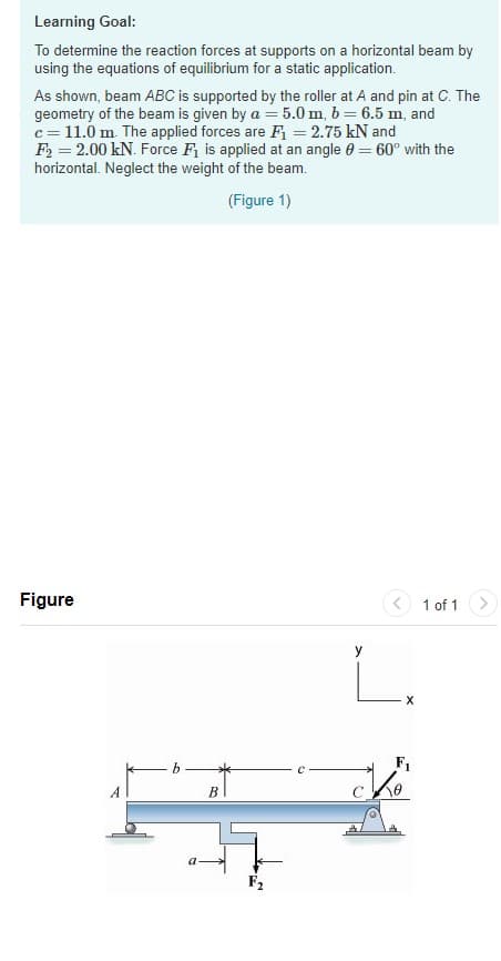 Learning Goal:
To determine the reaction forces at supports on a horizontal beam by
using the equations of equilibrium for a static application.
As shown, beam ABC is supported by the roller at A and pin at C. The
geometry of the beam is given by a = 5.0 m, b = 6.5 m, and
c = 11.0 m The applied forces are F = 2.75 kN and
F = 2.00 kN. Force F is applied at an angle 0 = 60° with the
horizontal. Neglect the weight of the beam.
(Figure 1)
Figure
1 of 1
y
F1
В
F2
