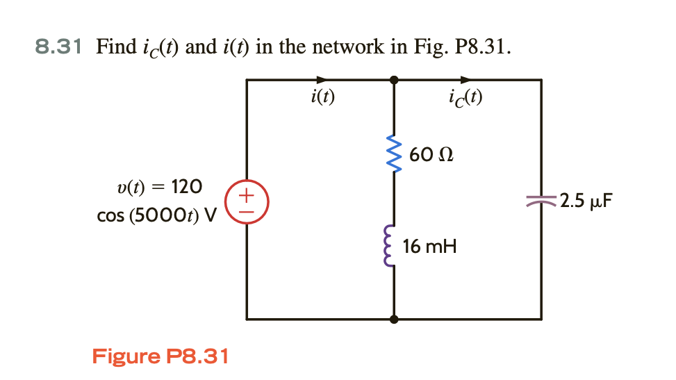 8.31 Find ic(t) and i(t) in the network in Fig. P8.31.
ic(t)
v(t) = 120
cos (5000t) V
Figure P8.31
i(t)
60 Ω
16 mH
2.5 μF