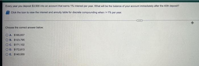 Every year you deposit $3,500 into an account that earns 19% interest per year, What will be the balance of your account immediately after the 40th deposit?
Click the icon to view the interest and annuity table for discrete compounding when / 1% per year.
Choose the correct answer below.
O A. $165,837
O B. $123,795
OC. $171,102
OD. $172,813
OE. $140,000
