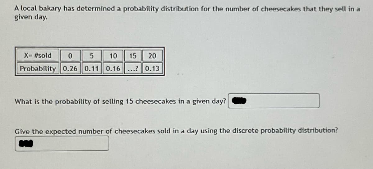 A local bakary has determined a probability distribution for the number of cheesecakes that they sell in a
given day.
X= #sold
10
15
20
Probability 0.26 0.11
0.16 ...? 0.13
What is the probability of selling 15 cheesecakes in a given day?
Give the expected number of cheesecakes sold in a day using the discrete probability distribution?
