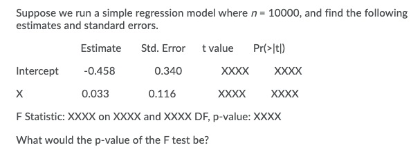Suppose we run a simple regression model where n= 10000, and find the following
estimates and standard errors.
Estimate
Std. Error
t value
Pr(>|t|)
Intercept
-0.458
0.340
XXXX
XXXX
0.033
0.116
XXXX
XXXX
F Statistic: XXXX on XXXX and XXXX DF, p-value: XXXX
What would the p-value of the F test be?
