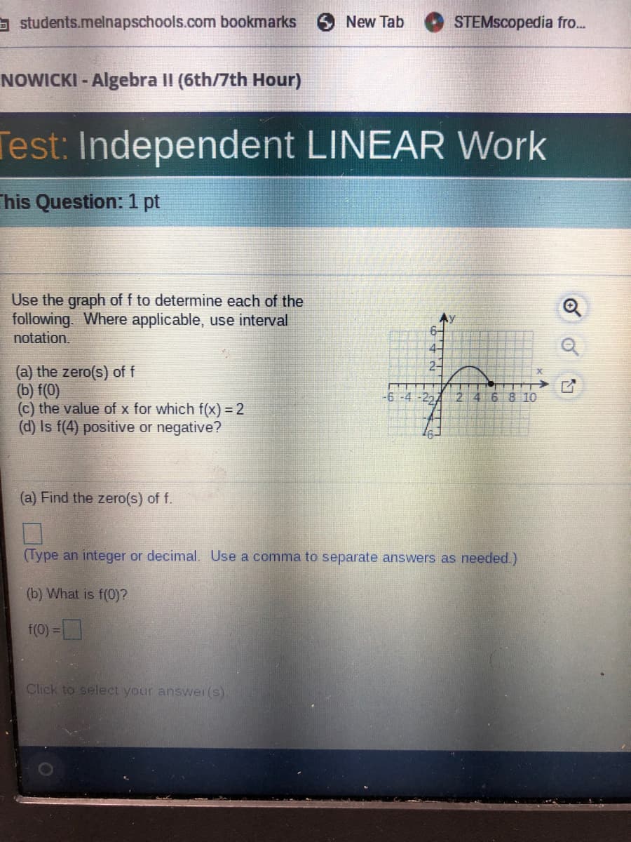 a students.melnapschools.com bookmarks
New Tab
STEMscopedia fr.
NOWICKI - Algebra II (6th/7th Hour)
Test: Independent LINEAR Work
This Question: 1 pt
Use the graph of f to determine each of the
following. Where applicable, use interval
notation.
4-
2-
(a) the zero(s) of f
(b) f(0)
(c) the value of x for which f(x) = 2
(d) Is f(4) positive or negative?
-6-4
8 10
(a) Find the zero(s) of f.
(Type an integer or decimal. Use a comma to separate answers as needed.)
(b) What is f(0)?
f(0) =
Click to select your answer(s)
