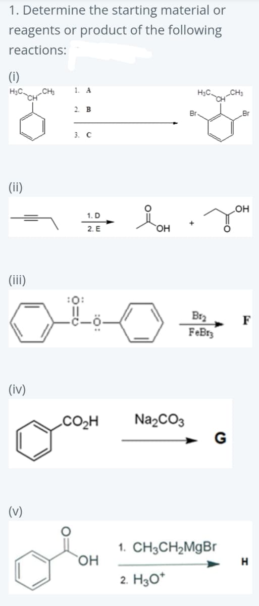 1. Determine the starting material or
reagents or product of the following
reactions:
(i)
H3C.
CH
1. A
CH3
CH
2. B
Br
3. С
(ii)
1. D
HO
2. E
(ii)
Br2
FeBr3
F
(iv)
.CO2H
NazCO3
G
(v)
1. CH3CH2M9B
H
2. H30*
