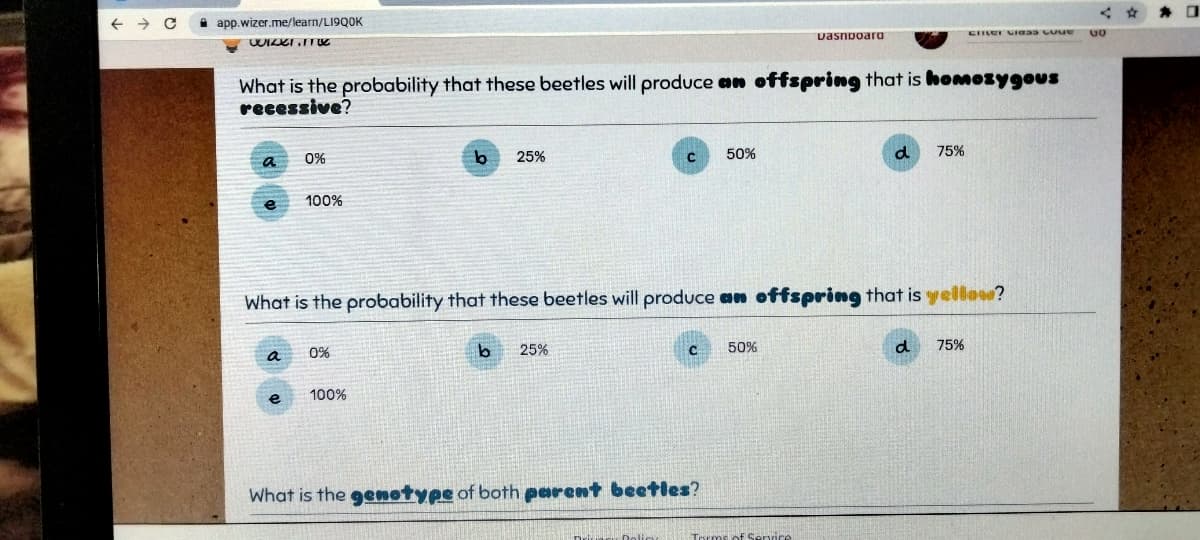 ← → C
app.wizer.me/learn/LI9Q0K
WILKI. ITU
a
What is the probability that these beetles will produce an offspring that is homozygous
recessive?
0%
a
100%
0%
b
100%
25%
b 25%
50%
What is the probability that these beetles will produce an offspring that is yellowe?
What is the genotype of both parent beetles?
Dasnpoarg
50%
Terms of Service
d
75%
d
CHRLET GIGas Cout
75%
<
GO