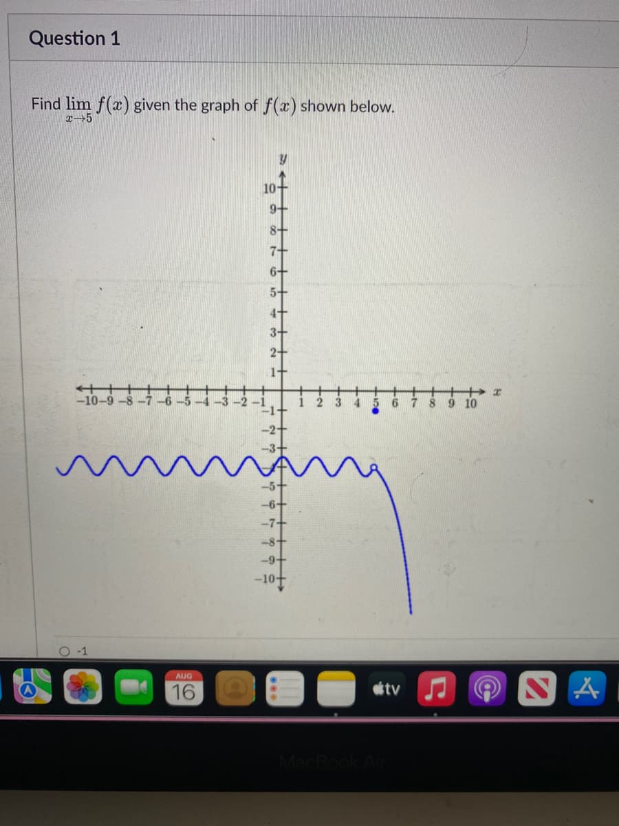 Question 1
Find lim f(x) given the graph of f(x) shown below.
x-5
-10-9-8-7
O-1
AUG
16
Y
-2-
-7+
-8+
-9+
-1⁰+
2 3
4
5
1
6
tv
MacBook Air
4x
+
7 8 9 10
A