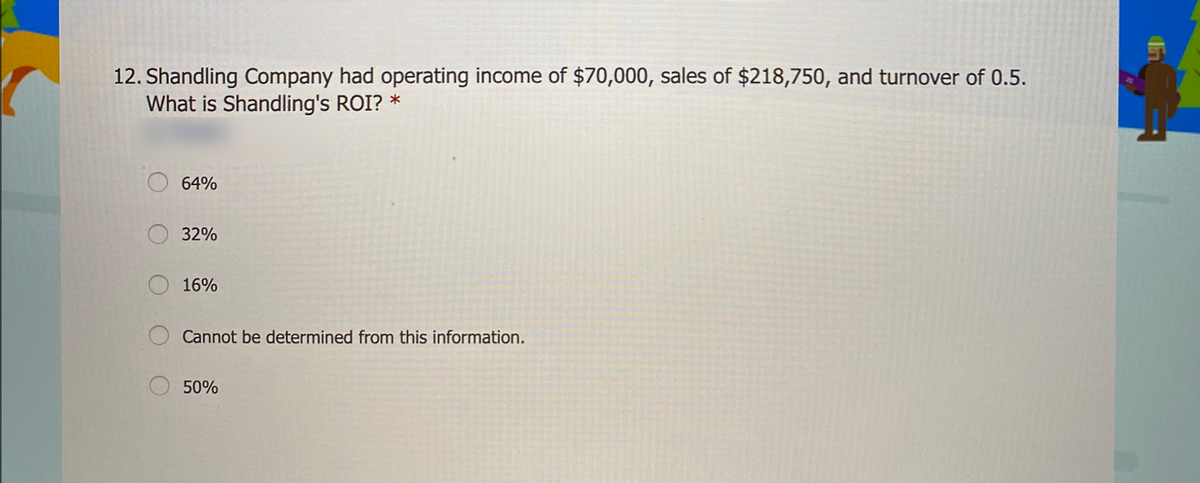 12. Shandling Company had operating income of $70,000, sales of $218,750, and turnover of 0.5.
What is Shandling's ROI? *
64%
32%
16%
Cannot be determined from this information.
50%
