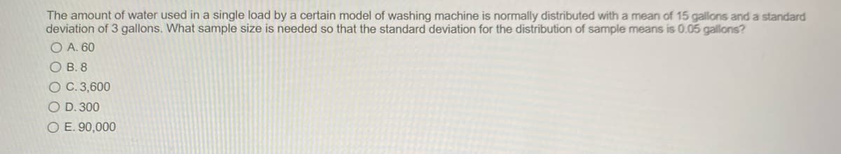 The amount of water used in a single load by a certain model of washing machine is normally distributed with a mean of 15 gallons and a standard
deviation of 3 gallons. What sample size is needed so that the standard deviation for the distribution of sample means is 0.05 gallons?
O A. 60
О В.8
O C. 3,600
O D. 300
O E. 90,000
