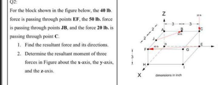 Q2:
For the block shown in the figure below, the 40 lb.
20
force is passing through points EF, the 50 Ib. force
is passing through points JB, and the force 20 lb. is
passing through point C.
1. Find the resultant force and its directions.
2. Determine the resultant moment of three
forces in Figure about the x-axis, the y-axis,
and the z-axis.
dimensions in inch
