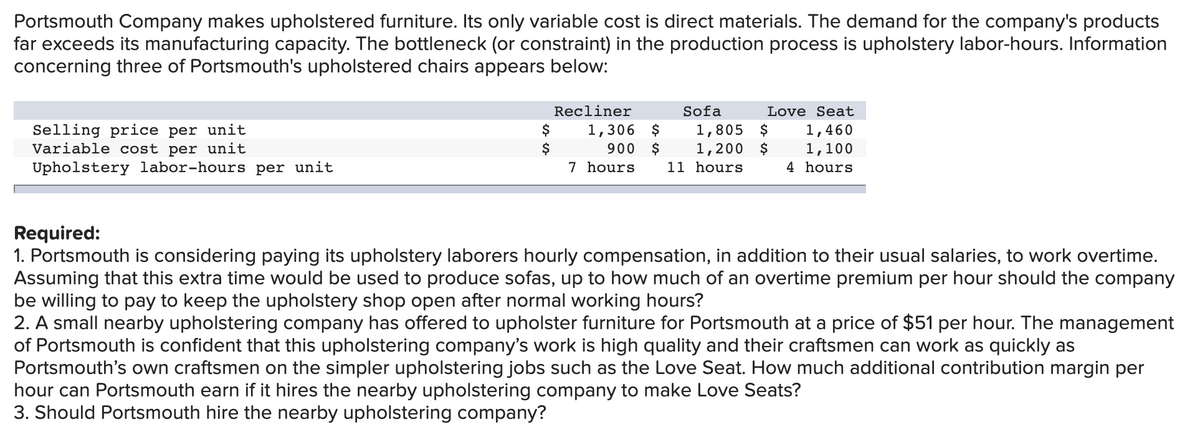 Portsmouth Company makes upholstered furniture. Its only variable cost is direct materials. The demand for the company's products
far exceeds its manufacturing capacity. The bottleneck (or constraint) in the production process is upholstery labor-hours. Information
concerning three of Portsmouth's upholstered chairs appears below:
Recliner
Sofa
Love Seat
Selling price per unit
Variable cost per unit
Upholstery labor-hours per unit
$
$
7 hours
1,805 $
1,200 $
1,460
1,100
1,306 $
900
$
11 hours
4 hours
Required:
1. Portsmouth is considering paying its upholstery laborers hourly compensation, in addition to their usual salaries, to work overtime.
Assuming that this extra time would be used to produce sofas, up to how much of an overtime premium per hour should the company
be willing to pay to keep the upholstery shop open after normal working hours?
2. A small nearby upholstering company has offered to upholster furniture for Portsmouth at a price of $51 per hour. The management
of Portsmouth is confident that this upholstering company's work is high quality and their craftsmen can work as quickly as
Portsmouth's own craftsmen on the simpler upholstering jobs such as the Love Seat. How much additional contribution margin per
hour can Portsmouth earn if it hires the nearby upholstering company to make Love Seats?
3. Should Portsmouth hire the nearby upholstering company?
