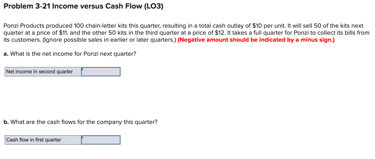 Problem 3-21 Income versus Cash Flow (LO3)
Ponzi Products produced 100 chain-letter kits this quarter, resulting in a total cash outlay of $10 per unit. It will sell 50 of the kits next
quarter at a price of $11, and the other 50 kits in the third quarter at a price of $12. It takes a full quarter for Ponzi to collect its bills from
its customers. (Ignore possible sales in earlier or later quarters.) (Negative amount should be indicated by a minus sign.)
a. What is the net income for Ponzi next quarter?
Net income in second quarter
b. What are the cash flows for the company this quarter?
Cash flow in first quarter
