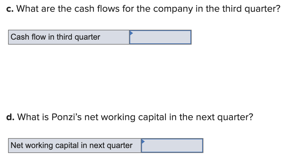 c. What are the cash flows for the company in the third quarter?
Cash flow in third quarter
d. What is Ponzi's net working capital in the next quarter?
Net working capital in next quarter
