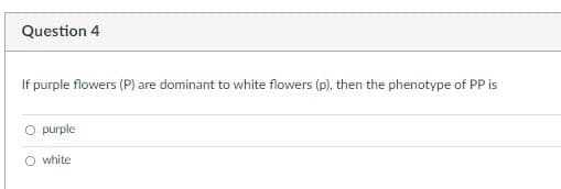Question 4
If purple flowers (P) are dominant to white flowers (p), then the phenotype of PP is
O purple
O white
