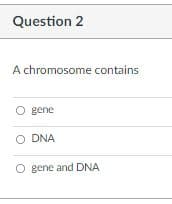 Question 2
A chromosome contains
O gene
O DNA
O gene and DNA

