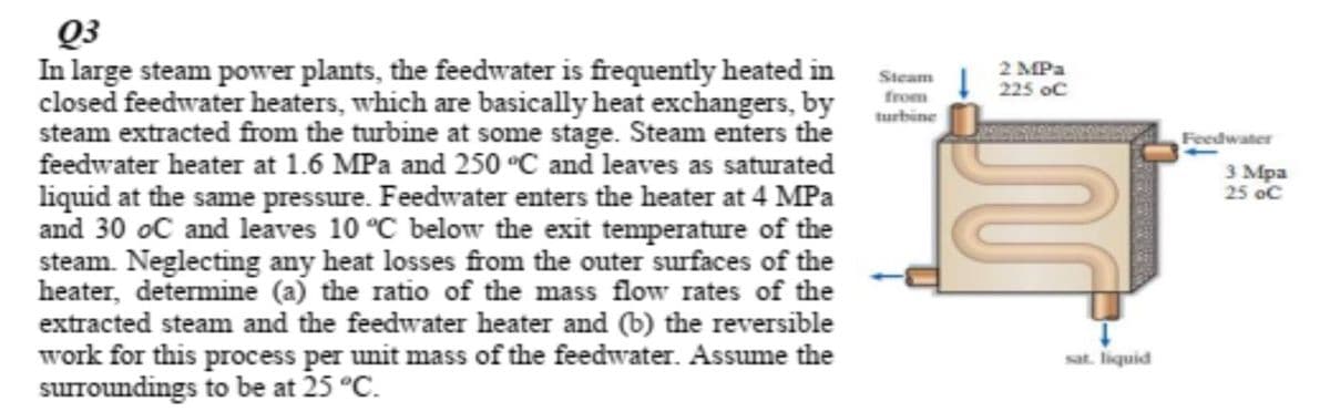 Q3
In large steam power plants, the feedwater is frequently heated in
closed feedwater heaters, which are basically heat exchangers, by
steam extracted from the turbine at some stage. Steam enters the
feedwater heater at 1.6 MPa and 250 °C and leaves as saturated
liquid at the same pressure. Feedwater enters the heater at 4 MPa
and 30 oC and leaves 10 °C below the exit temperature of the
steam. Neglecting any heat losses from the outer surfaces of the
heater, determine (a) the ratio of the mass flow rates of the
extracted steam and the feedwater heater and (b) the reversible
work for this process per unit mass of the feedwater. Assume the
surroundings to be at 25 °C.
2 MPa
225 oC
Steam
from
turbine
Feedwater
з Мра
25 oC
sat. liquid
