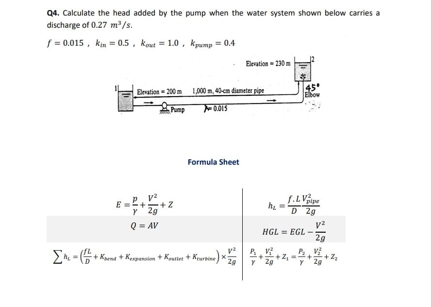 Q4. Calculate the head added by the pump when the water system shown below carries a
discharge of 0.27 m³ /s.
f = 0.015 , kin = 0.5 , kout = 1.0, kpump = 0.4
Elevation = 230 m
1,000 m, 40-cm diameter pipe
45°
Elbow
Elevation = 200 m
Pump
0.015
Formula Sheet
f.LVpipe
D 2g
E =
+
+ Z
2g
v2
HGL = EGL -
2g
Q = AV
--
v2
> h, = (+ Kpena + Kexpansion + Kouttet + Krurbine
P, V?
+Z1
P2, V?
+ Z2
2g
= --+
2g
Y' 2g

