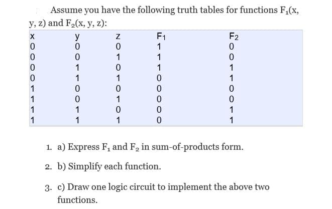 Assume you have the following truth tables for functions F,(x,
y, z) and F,(x, y, z):
х
У
F1
F2
1
1
1
1. a) Express F, and F, in sum-of-products form.
2. b) Simplify each function.
3. c) Draw one logic circuit to implement the above two
functions.
