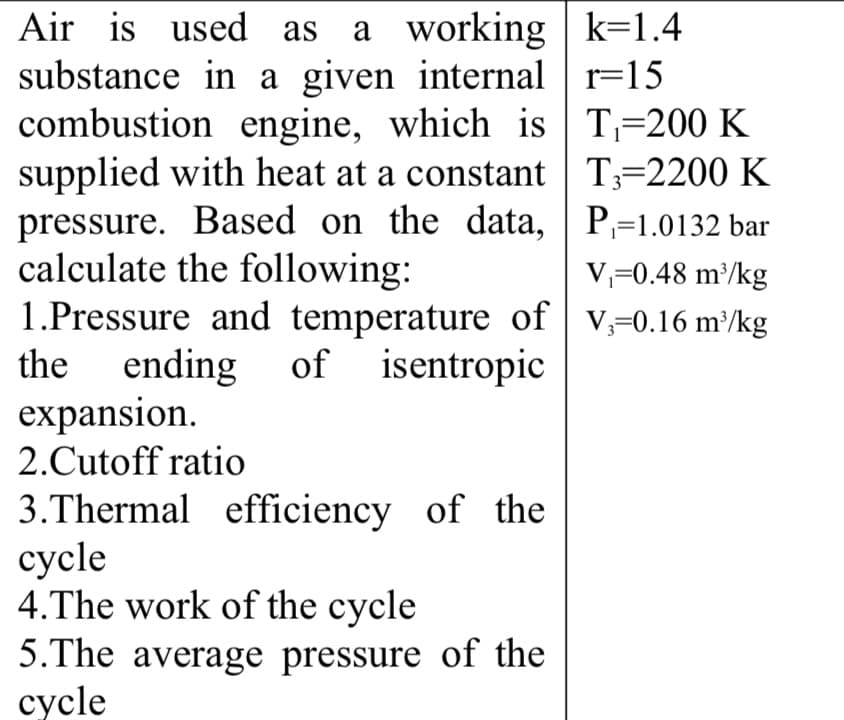 Air is used as a working k=1.4
substance in a given internal r=15
combustion engine, which is T=200 K
supplied with heat at a constant T=2200 K
pressure. Based on the data, | P=1.0132 bar
calculate the following:
1.Pressure and temperature of | V;=0.16 m³/kg
ending of isentropic
expansion.
2.Cutoff ratio
V,=0.48 m/kg
the
3.Thermal efficiency of the
сycle
4.The work of the cycle
5.The average pressure of the
сycle
