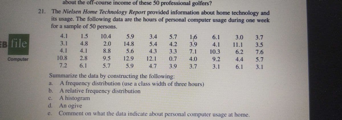 about the off-course income of these 50 professional golfers?
21. The Nielsen Home Technology Report provided information about home technology and
its usage. The following data are the hours of personal computer usage during one week
for a sample of 50 persons.
4.1
3.1
4.1
10.8
7.2
1.5
10.4
2.0
5.9
14.8
5.6
12.9
3.4
5.7
1,6
6.1
3.0
3.7
EB file
4.8
5.4
4.2
3.9
4.1
3.5
7.6
11.1
4.1
2.8
6.1
8.8
4.3
3.3
6.2
4.4
6.1
7.1
10.3
9.5
12.1
0.7
3.9
Computer
4.0
9.2
5.7
5.7
5.9
4.7
3.7
3.1
3.1
Summarize the data by constructing the following:
A frequency distribution (use a class width of three hours)
b. A relative frequency distribution
A histogram
d. An ogive
Comment on what the data indicate about personal computer usage at home.
C.
e.
