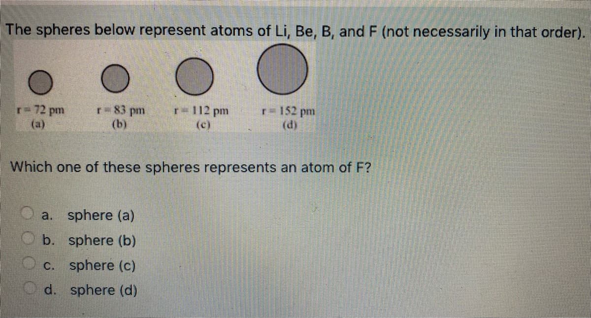 The spheres below represent atoms of Li, Be, B, and F (not necessarily in that order).
r83 pm
(b)
r- 152 pm
T 112 pm
(c)
(a)
(d)
Which one of these spheres represents an atom of F?
a. sphere (a)
b. sphere (b)
C. sphere (c)
d. sphere (d)
