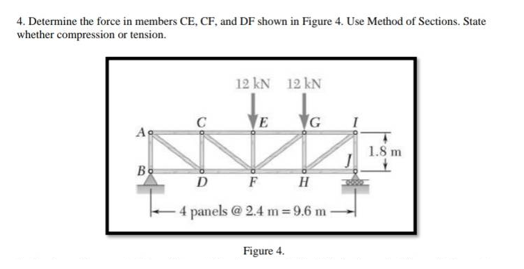 4. Determine the force in members CE, CF, and DF shown in Figure 4. Use Method of Sections. State
whether compression or tension.
Ag
Bo
C
12 kN 12 kN
E
VG
D
H
-4 panels @ 2.4 m = 9.6 m
Figure 4.
1.8 m