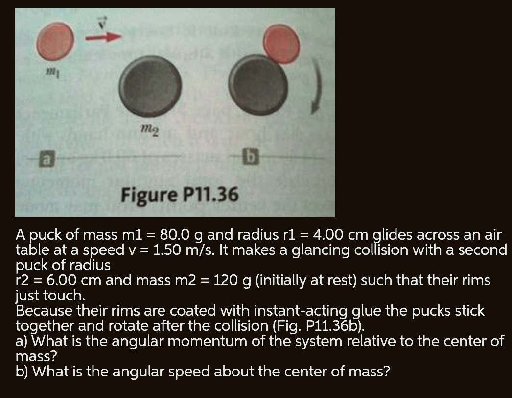 m2
Figure P11.36
A puck of mass m1 = 80.0 g and radius rl = 4.00 cm glides across an air
table at a speed v =
puck of radius
r2 = 6.00 cm and mass m2 = 120 g (initially at rest) such that their rims
just touch.
Because their rims are coated with instant-acting glue the pucks stick
together and rotate after the collision (Fig. P11.36b).
a) What is the angular momentum of the system relative to the center of
mass?
%D
1.50 m/s. It makes a glancing collision with a second
b) What is the angular speed about the center of mass?
