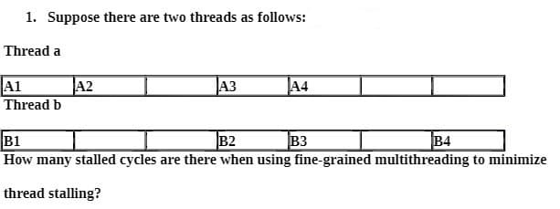 1. Suppose there are two threads as follows:
Thread a
A1
A2
A3
A4
Thread b
B1
B2
B3
B4
How many stalled cycles are there when using fine-grained multithreading to minimize
thread stalling?
