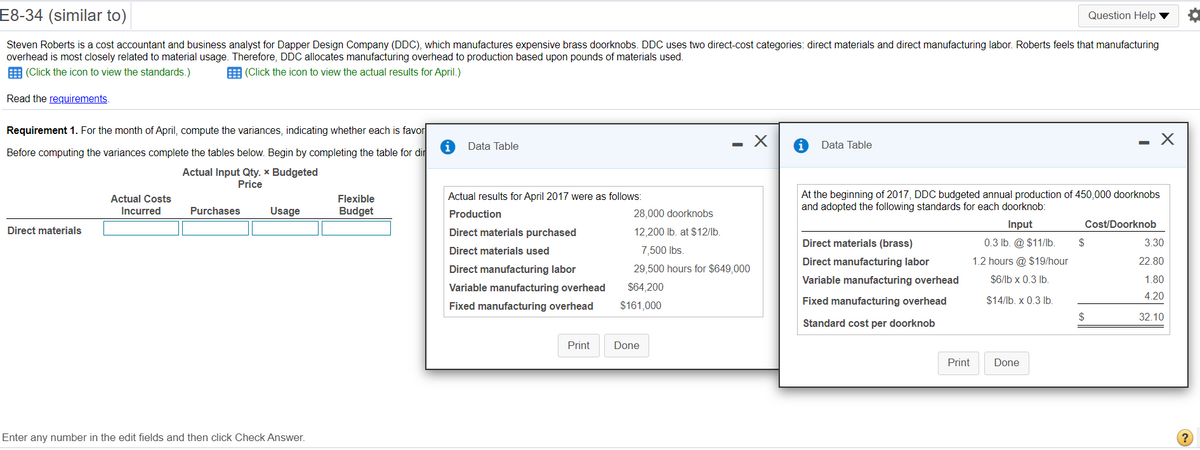 E8-34 (similar to)
Question Help
Steven Roberts is a cost accountant and business analyst for Dapper Design Company (DDC), which manufactures expensive brass doorknobs. DDC uses two direct-cost categories: direct materials and direct manufacturing labor. Roberts feels that manufacturing
overhead is most closely related to material usage. Therefore, DDC allocates manufacturing overhead to production based upon pounds of materials used.
E (Click the icon to view the standards.)
E (Click the icon to view the actual results for April.)
Read the requirements.
Requirement 1. For the month of April, compute the variances, indicating whether each is favor
Data Table
Data Table
Before computing the variances complete the tables below. Begin by completing the table for dir
Actual Input Qty. × Budgeted
Price
At the beginning of 2017, DDC budgeted annual production of 450,000 doorknobs
and adopted the following standards for each doorknob:
Actual results for April 2017 were as follows:
Flexible
Budget
Actual Costs
Incurred
Purchases
Usage
Production
28,000 doorknobs
Input
Cost/Doorknob
Direct materials
Direct materials purchased
12,200 lb. at $12/lb
Direct materials (brass)
0.3 lb. @ $11/Ib.
3.30
Direct materials used
7,500 lbs.
Direct manufacturing labor
1.2 hours @ $19/hour
22.80
Direct manufacturing labor
29,500 hours for $649,000
Variable manufacturing overhead
$6/lb x 0.3 lb.
1.80
Variable manufacturing overhead
$64,200
Fixed manufacturing overhead
$14/lb. x 0.3 lb.
4.20
Fixed manufacturing overhead
$161,000
$
32.10
Standard cost per doorknob
Print
Done
Print
Done
Enter any number in the edit fields and then click Check Answer.
?
