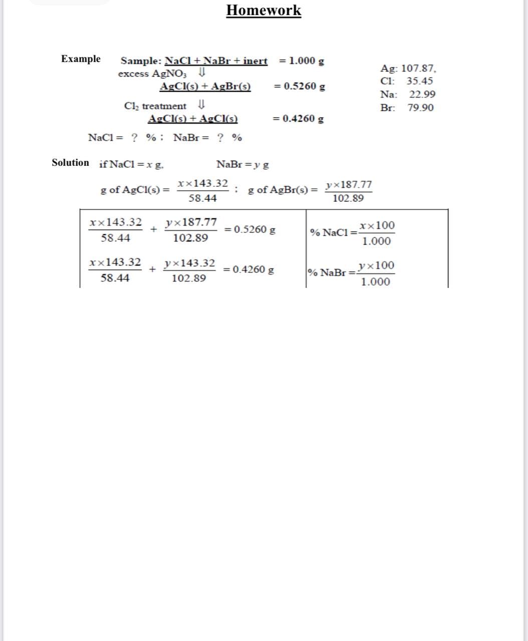 Homework
Example
Sample: NaC1+NaBr + inert
excess AGNO, U
= 1.000 g
Ag: 107.87,
Cl: 35.45
AgCl(s) + AgBr(s)
= 0.5260 g
Na:
22.99
Cl, treatment I
AgCl(s) + AgCl(s)
Br: 79.90
= 0.4260 g
Nacl = ? % : NaBr = ? %
Solution if NaCl=x g.
NaBr =y g
yx187.77
102.89
xx143.32
g of AgCl(s) =
: g of AgBr(s) =
58.44
xx143.32
yx187.77
+
xx100
= 0.5260 g
% NaCl =
58.44
102.89
1.000
xx143.32
ух143.32
= 0.4260 g
yx100
% NaBr =:
58.44
102.89
1.000
