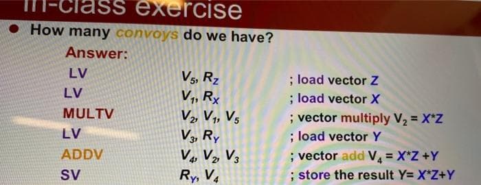 Ss exercise
• How many convoys do we have?
Answer:
LV
V5, Rz
V,, Rx
V, V„ Vs
V3, Ry
V4, V, V3
Ry, Va
; load vector Z
; load vector X
LV
MULTV
; vector multiply V2 = X*Z
; load vector Y
; vector add V = X*Z +Y
; store the result Y= X*Z+Y
LV
ADDV
%3D
SV
