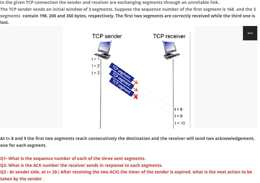 In the given TCP connection the sender and receiver are exchanging segments through an unreliable link.
The TCP sender sends an initial window of 3 segments. Suppose the sequence number of the first segment is 168, and the 3
segments contain 198, 200 and 350 bytes, respectively. The first two segments are correctly received while the third one is
lost.
TCP receiver
TCP sender
t = 1
t = 2
t = 3
TCP segment
TCP segment
TCP segment
t= 8
t= 9
t= 10
At t= 8 and 9 the first two segments reach consecutively the destination and the receiver will send two acknowledgement,
one for each segment.
Q1- What is the sequence number of each of the three sent segments.
Q2- What is the ACK number the receiver sends in response to each segments.
Q3 - At sender side, at t= 20 ( After receiving the two ACK) the timer of the sender is expired, what is the next action to be
taken by the sender.
