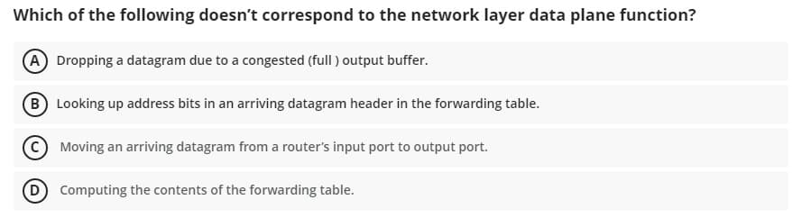 Which of the following doesn't correspond to the network layer data plane function?
(A Dropping a datagram due to a congested (full ) output buffer.
B Looking up address bits in an arriving datagram header in the forwarding table.
Moving an arriving datagram from a router's input port to output port.
D Computing the contents of the forwarding table.
