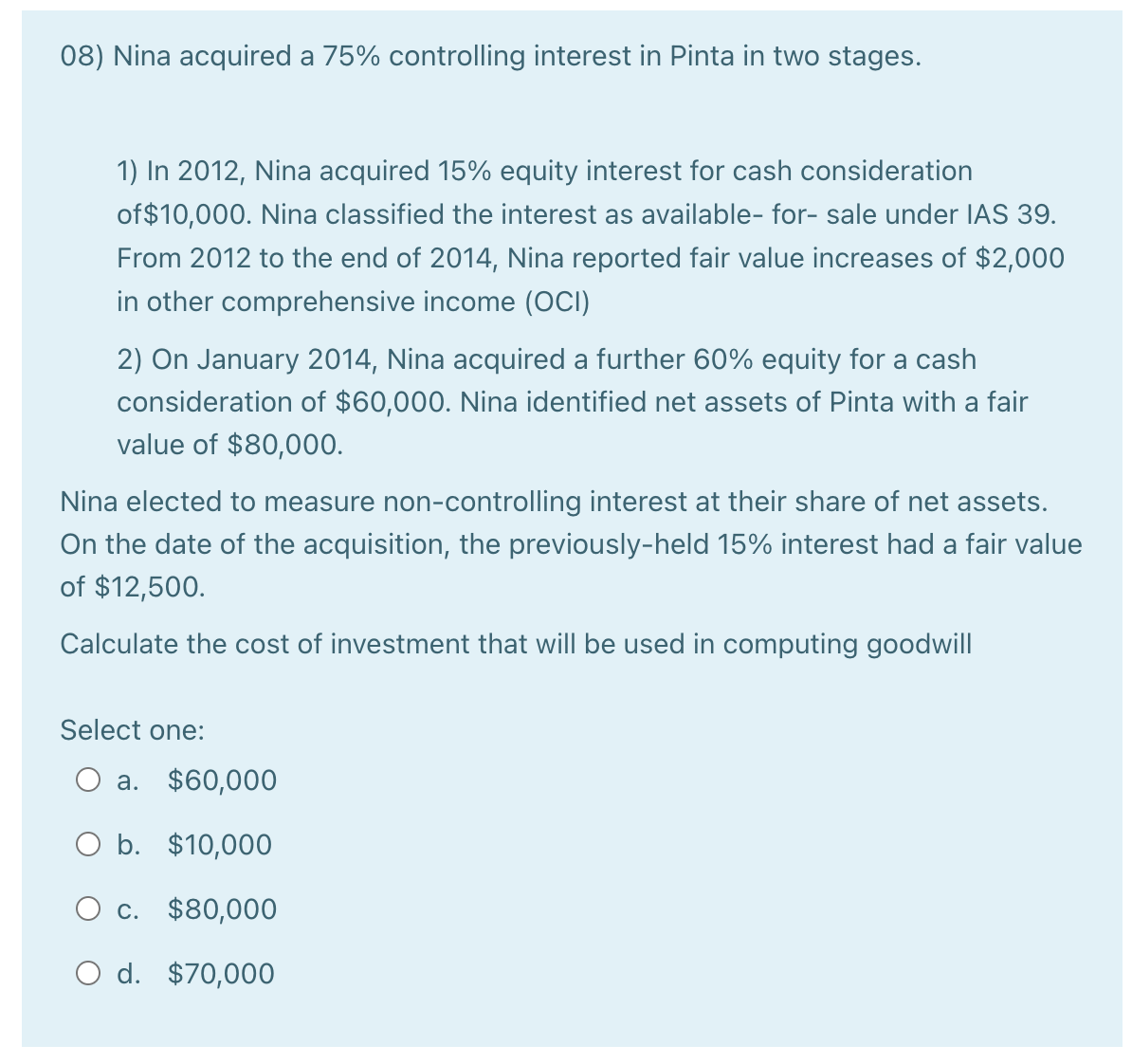 08) Nina acquired a 75% controlling interest in Pinta in two stages.
1) In 2012, Nina acquired 15% equity interest for cash consideration
of $10,000. Nina classified the interest as available for- sale under IAS 39.
From 2012 to the end of 2014, Nina reported fair value increases of $2,000
in other comprehensive income (OCI)
2) On January 2014, Nina acquired a further 60% equity for a cash
consideration of $60,000. Nina identified net assets of Pinta with a fair
value of $80,000.
Nina elected to measure non-controlling interest at their share of net assets.
On the date of the acquisition, the previously-held 15% interest had a fair value
of $12,500.
Calculate the cost of investment that will be used in computing goodwill
Select one:
a.
$60,000
O b. $10,000
O c. $80,000
O d. $70,000