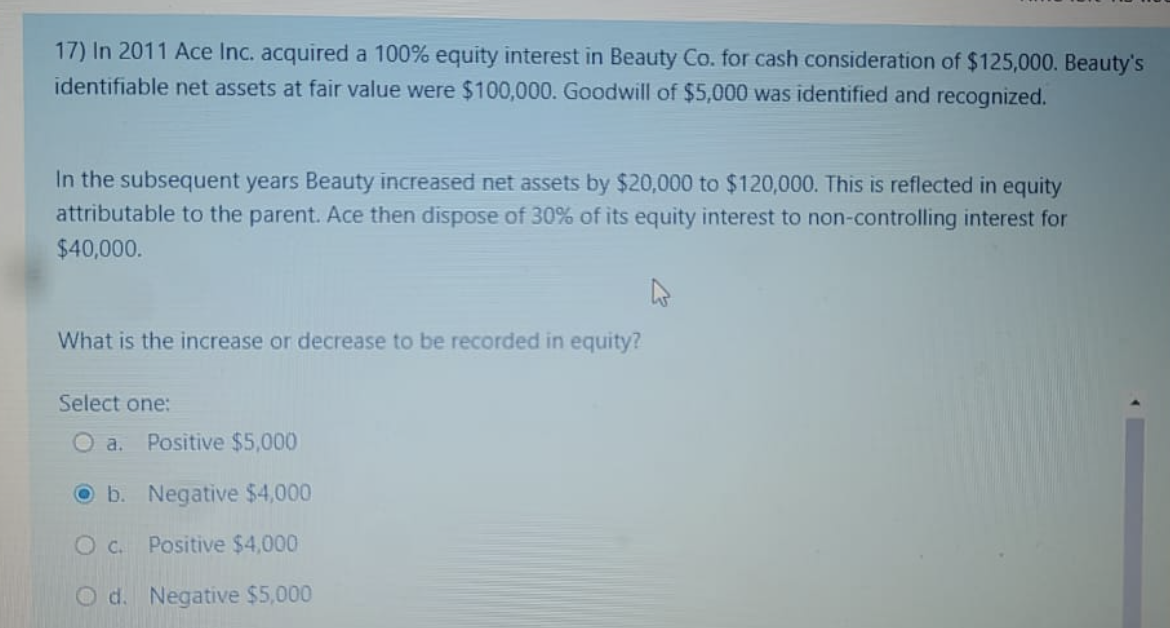 17) In 2011 Ace Inc. acquired a 100% equity interest in Beauty Co. for cash consideration of $125,000. Beauty's
identifiable net assets at fair value were $100,000. Goodwill of $5,000 was identified and recognized.
In the subsequent years Beauty increased net assets by $20,000 to $120,000. This is reflected in equity
attributable to the parent. Ace then dispose of 30% of its equity interest to non-controlling interest for
$40,000.
What is the increase or decrease to be recorded in equity?
Select one:
O a. Positive $5,000
Ob.
Negative $4,000
O C.
Positive $4,000
O d. Negative $5,000