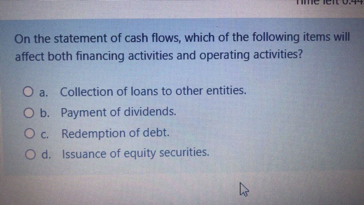 On the statement of cash flows, which of the following items will
affect both financing activities and operating activities?
O a.
Collection of loans to other entities.
O b. Payment of dividends.
O c. Redemption of debt.
O d. Issuance of equity securities.
