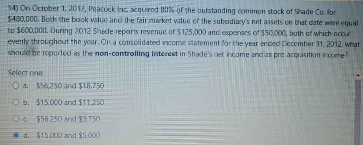 14) On October 1, 2012, Peacock Inc. acquired 80% of the outstanding common stock of Shade Co. for
$480,000. Both the book value and the fair market value of the subsidiary's net assets on that date were equal
to $600,000. During 2012 Shade reports revenue of $125,000 and expenses of $50,000, both of which occur
evenly throughout the year. On a consolidated income statement for the year ended December 31, 2012, what
should be reported as the non-controlling interest in Shade's net income and as pre-acquisition income?
Select one:
O a. $56,250 and $18,750
O b.
$15,000 and $11,250
O c. $56,250 and $3,750
Od. $15,000 and $5,000