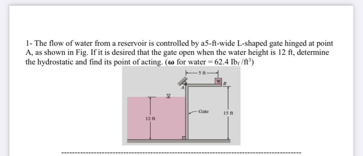 1- The flow of water from a reservoir is controlled by a5-ft-wide L-shaped gate hinged at point
A, as shown in Fig. If it is desired that the gate open when the water height is 12 ft, determine
the hydrostatic and find its point of acting. (w for water = 62.4 Ibf /ft³)
B
Gate
15 ft
12 ft
