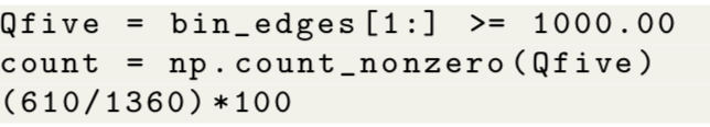 Qfive
bin_edges [1:] >= 1000.00
%3D
count
np.count_nonzero ( Qfive)
%3D
(610/1360) *100
