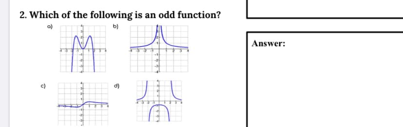 2. Which of the following is an odd function?
a)
b)
Answer:
c)
d)
DE
