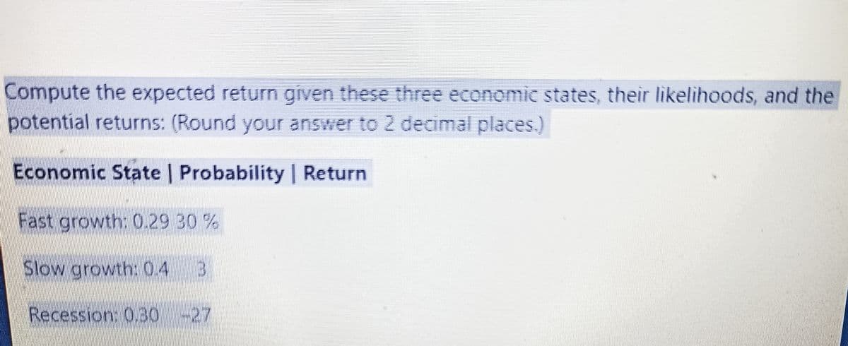 Compute the expected return given these three economic states, their likelihoods, and the
potential returns: (Round your answer to 2 decimal places.)
Economic State | Probability | Return
Fast growth: 0.29 30 %
Slow growth: 0.4 3
Recession: 0.30 -27