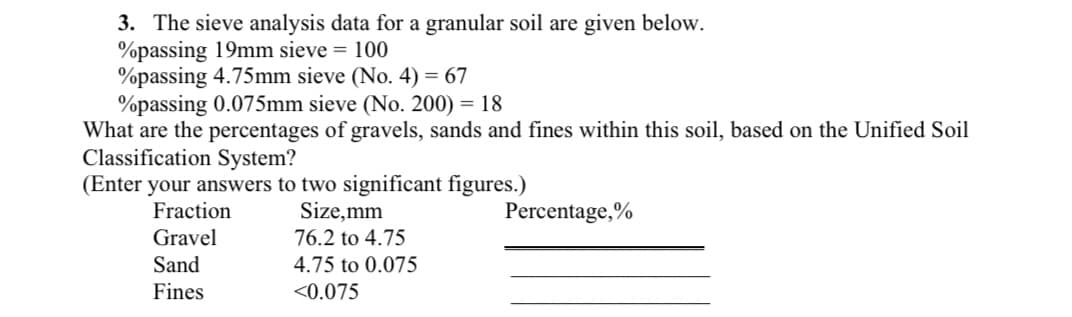3. The sieve analysis data for a granular soil are given below.
%passing 19mm sieve = 100
%passing 4.75mm sieve (No. 4) = 67
%passing 0.075mm sieve (No. 200) = 18
What are the percentages of gravels, sands and fines within this soil, based on the Unified Soil
Classification System?
(Enter your answers to two significant figures.)
Fraction
Size,mm
Percentage,%
Gravel
76.2 to 4.75
Sand
4.75 to 0.075
Fines
<0.075
