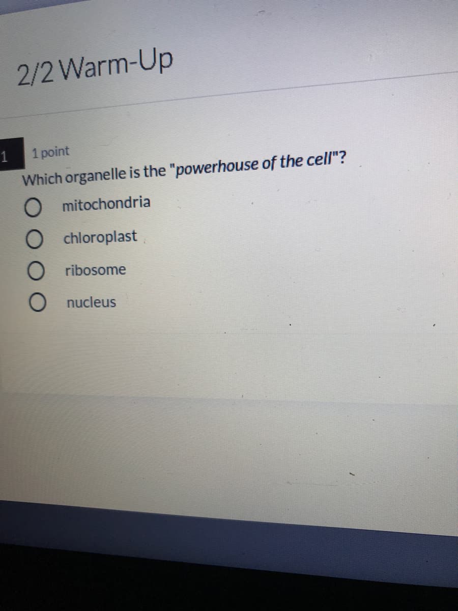 2/2 Warm-Up
1 point
Which organelle is the "powerhouse of the cell"?
O mitochondria
chloroplast
O ribosome
O nucleus
