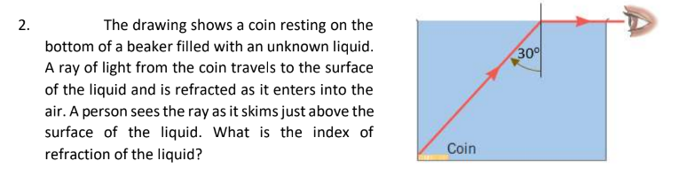 2.
The drawing shows a coin resting on the
bottom of a beaker filled with an unknown liquid.
A ray of light from the coin travels to the surface
of the liquid and is refracted as it enters into the
air. A person sees the ray as it skims just above the
surface of the liquid. What is the index of
refraction of the liquid?
Coin
30%