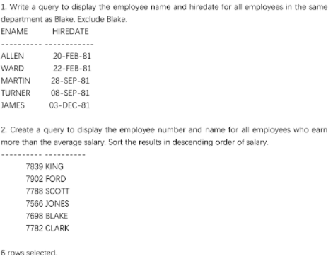 1. Write a query to display the employee name and hiredate for all employees in the same
department as Blake. Exclude Blake.
ENAME
HIREDATE
ALLEN
20-FEB-81
WARD
22-FEB-81
MARTIN
28-SEP-81
TURNER
08-SEP-81
JAMES
03-DEC-81
2. Create a query to display the employee number and name for all employees who earn
more than the average salary. Sort the results in descending order of salary.
7839 KING
7902 FORD
7788 SCOTT
7566 JONES
7698 BLAKE
7782 CLARK
6 rows selected.
