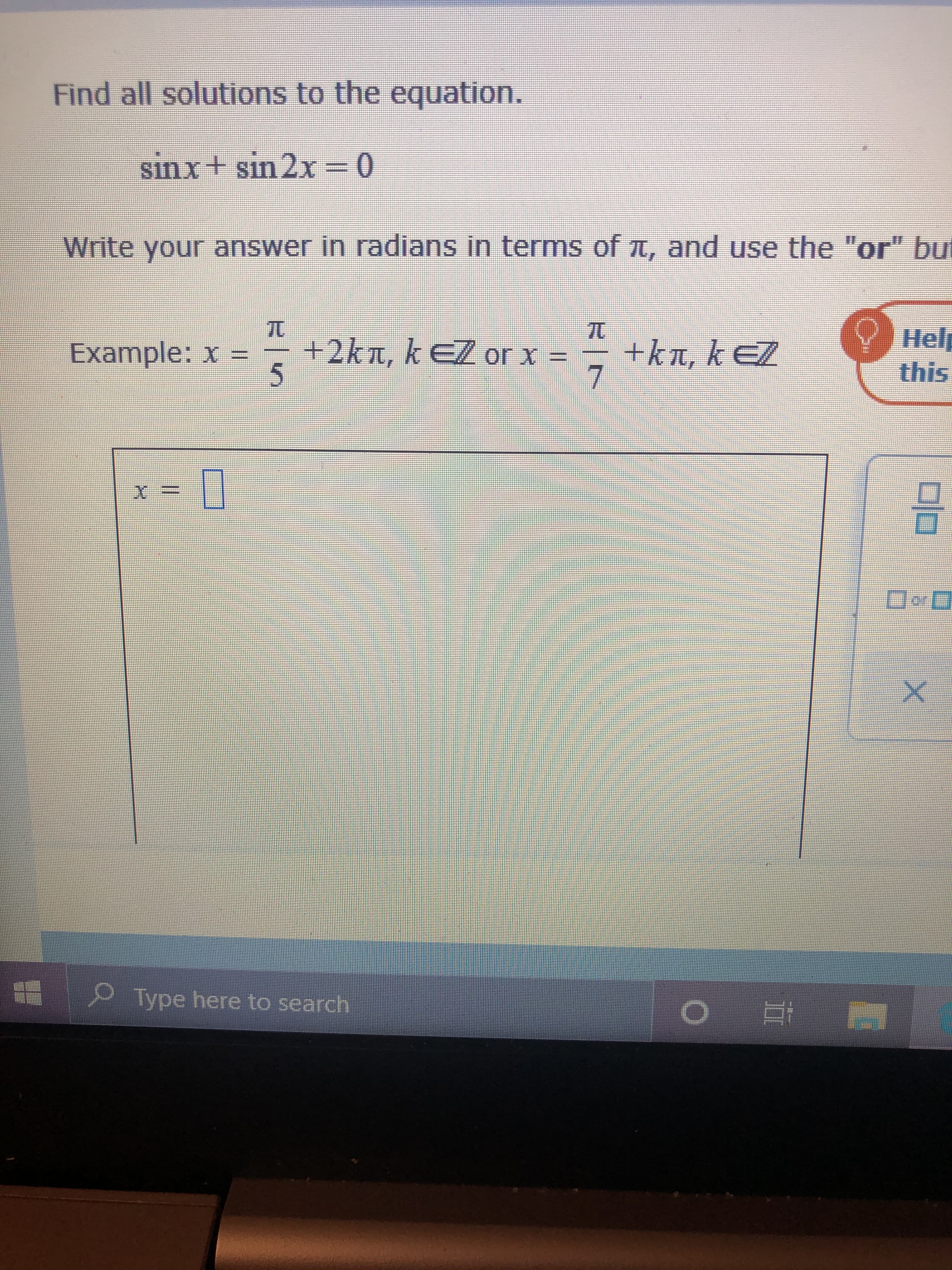 Find all solutions to the equation.
sinx+ sin 2x=0
